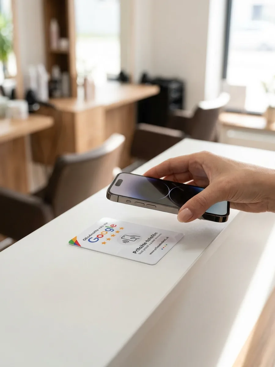 Zákazníčka prikladá telefón k NFC kartičke na recepcii salónu